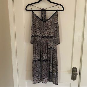 Tiered boho patterned dress w/ lace racer back